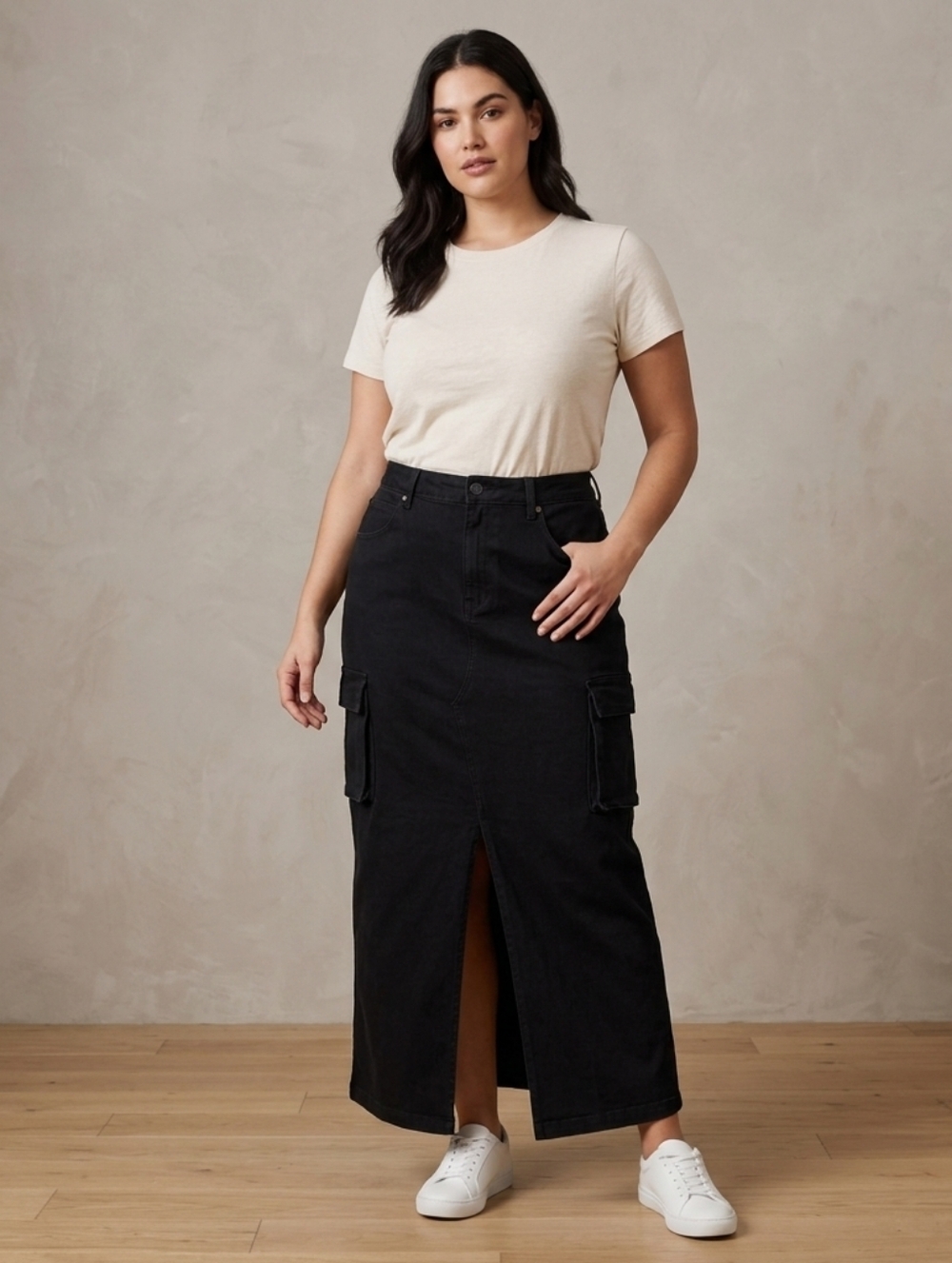 Sincerely Jules Black Cargo Midi Skirt with Front Slit